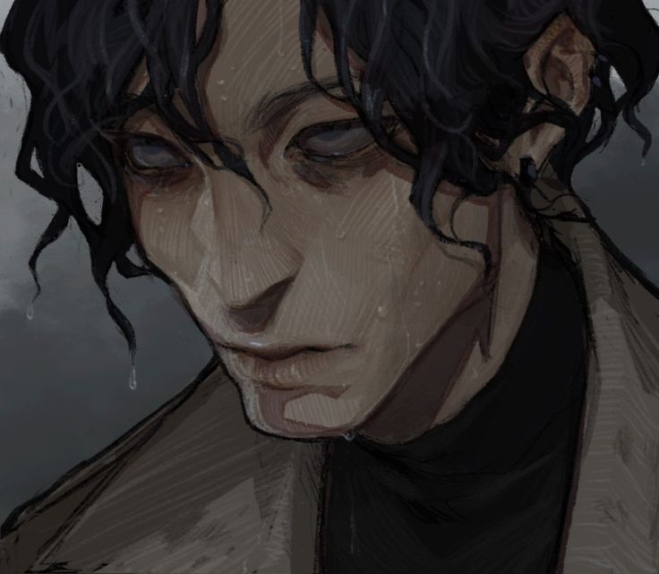 the image is a closeup digital painting or drawing of a man's face. he has dark, slightly wet hair that falls around his face. his expression is serious and perhaps melancholic, with a hint of sadness in his eyes. the man appears to be sweating or wet from rain. he is wearing a dark turtleneck and a lightcolored coat. the style of the artwork is realistic but with a painterly, expressive quality, and the overall mood is dark and brooding.  the artist has focused heavily on detail in the face and hair, rendering texture and subtle shading effectively.