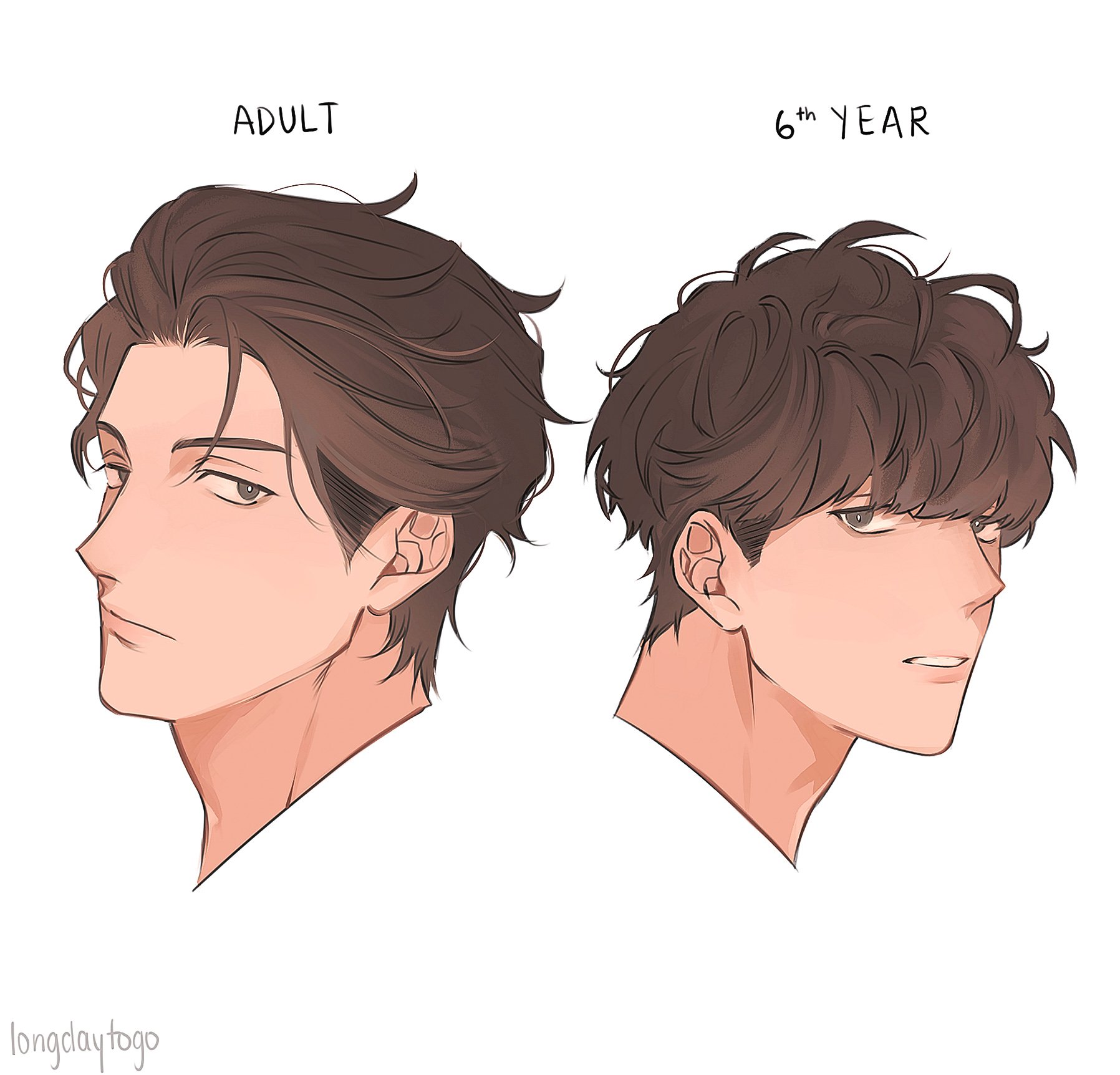 the image shows a digital drawing comparing two side profiles of the same male character at different ages. on the left is the "adult" version, depicted with neat, styled brown hair swept back from his face. he has a more mature and defined facial structure. on the right is the "6<sup>th</sup> year" version, portraying the character as a younger boy with shorter, messier, and more naturally styled brown hair that has more volume and is cut into a more modern style.  both profiles are shown in a similar style, suggesting a progression of the same character's appearance over time.  the artist's signature is faintly visible at the bottom left.