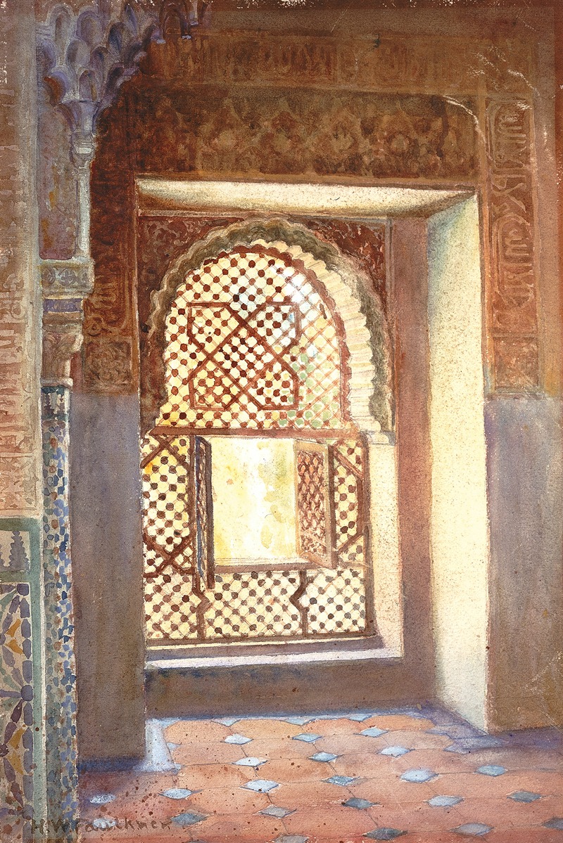 the image is a painting depicting an interior scene featuring an arched doorway or window with intricate latticework. the doorway is the focal point and allows light to flood into the room, illuminating the floor and walls. the floor is tiled with a pattern of red and blue tiles. the walls are adorned with decorative carvings and tile work. the overall atmosphere is one of elegance and serenity.