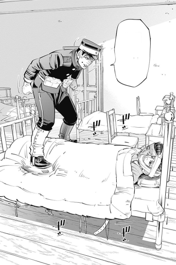 a man in a military uniform is standing on a bed, looking down at a man lying on a bed in a hospital room. the man in the bed is wrapped in bandages and appears to be injured. the man in the uniform is likely a soldier, and the setting is likely a hospital ward in japan. the scene is from a manga or comic book.