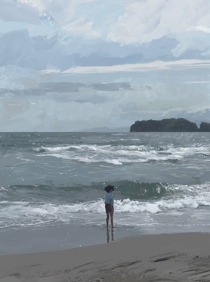 a young child stands on a sandy beach looking out at the ocean. the water is wavy and foamy, and there is an island in the distance. the sky is cloudy. the child is wearing a hat and is reflected in the wet sand.