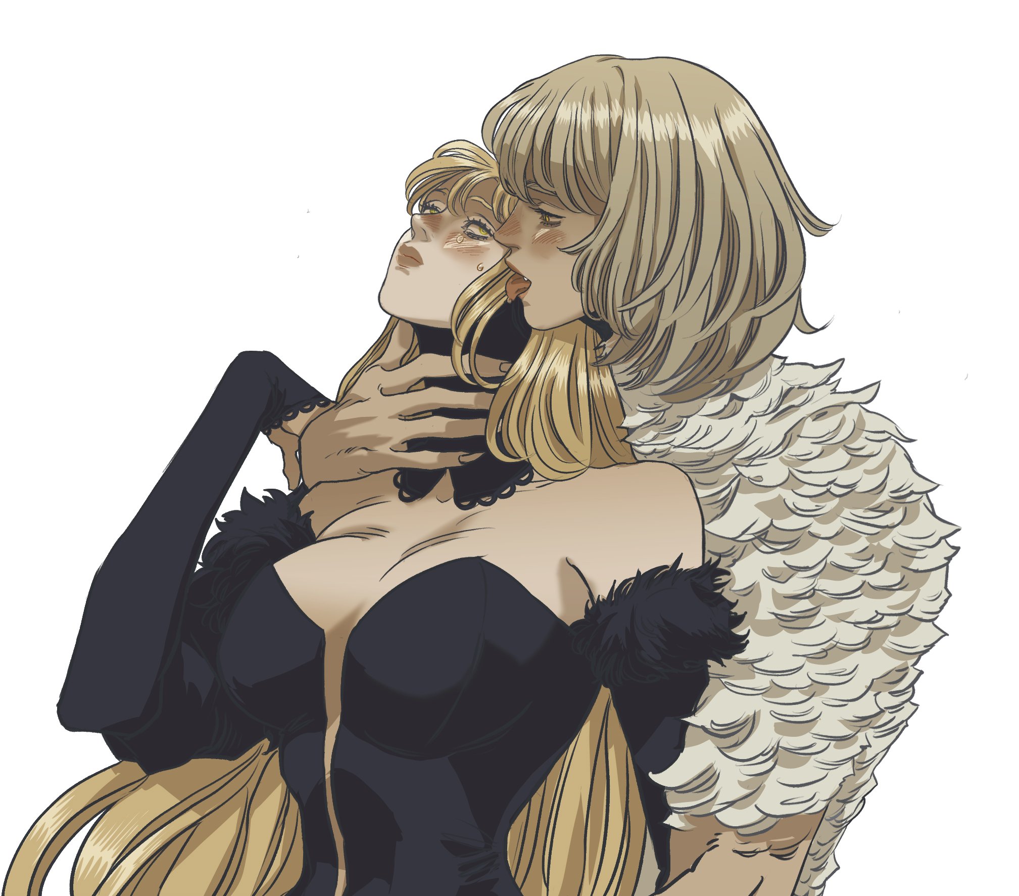 an illustration of two women. one woman with long blond hair and wearing a black dress with fur trim and a choker, is being choked by another woman with short blond hair wearing a furtrimmed coat. the second woman is also biting the first woman. the overall impression is one of aggression and violence.