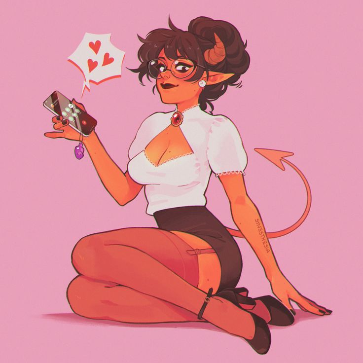 the illustration depicts a stylized cartoon demon girl with red skin, horns, and a tail. she's dressed in a white, somewhat revealing blouse and a dark skirt, paired with stockings and high heels—a pinup style.  she's seated, looking at a phone that displays heart icons indicating social media likes. the overall style is cute and flirtatious, blending anime and pinup influences. the background is a solid pale pink. the art style is digitally rendered with soft shading and a slightly whimsical aesthetic.  a small artist signature is present on her arm.