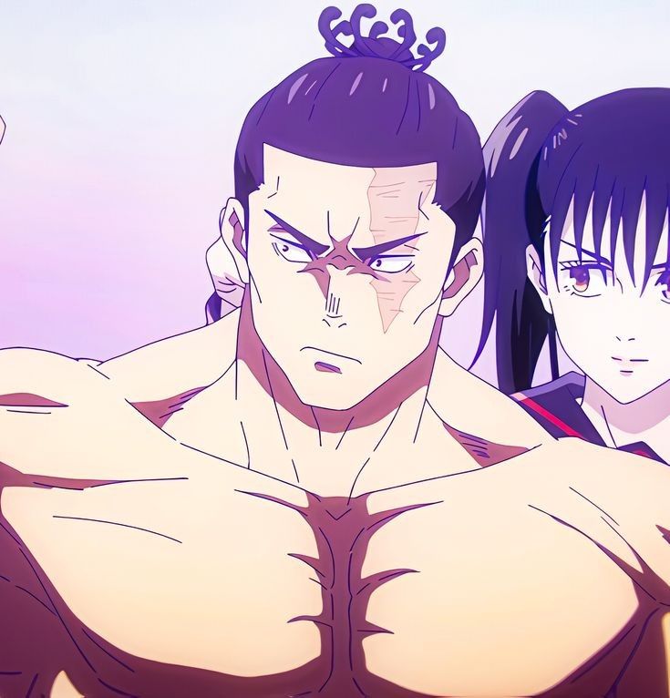 a digital drawing showing a muscular man with a scar on his face and a woman with long black hair. the man has his fist raised, and the woman is standing next to him with a serious expression on her face. the colors in the image are mostly shades of pink, purple, and white.