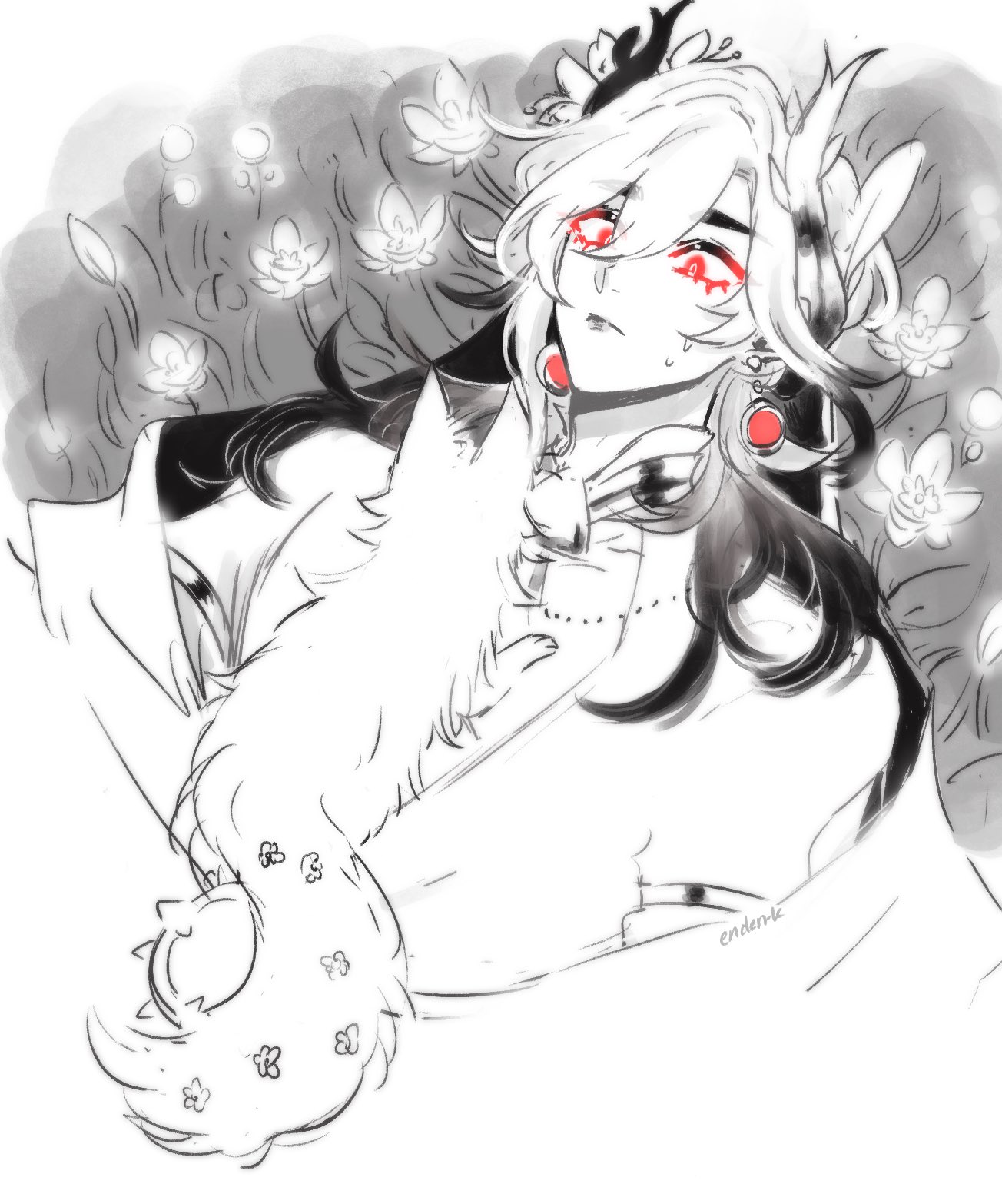 a black and white anime drawing of a sad girl holding a fluffy cat or kitten in her arms. she has long white hair and red eyes with tears streaming down her face. she is wearing a white dress and has a flowerlike pattern on her arm. there are flowers in the background. the artist's signature "endenk" is visible in the lower right corner.