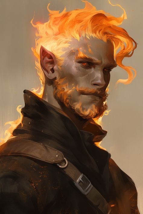 a digital painting of a male character, possibly an elf, with fire surrounding his head and hair. he has a dark beard with some flames around it, and a serious expression on his face.  he is wearing a dark cloak or jacket with a leather strap going over his shoulder. the background is a light, blurry color.
