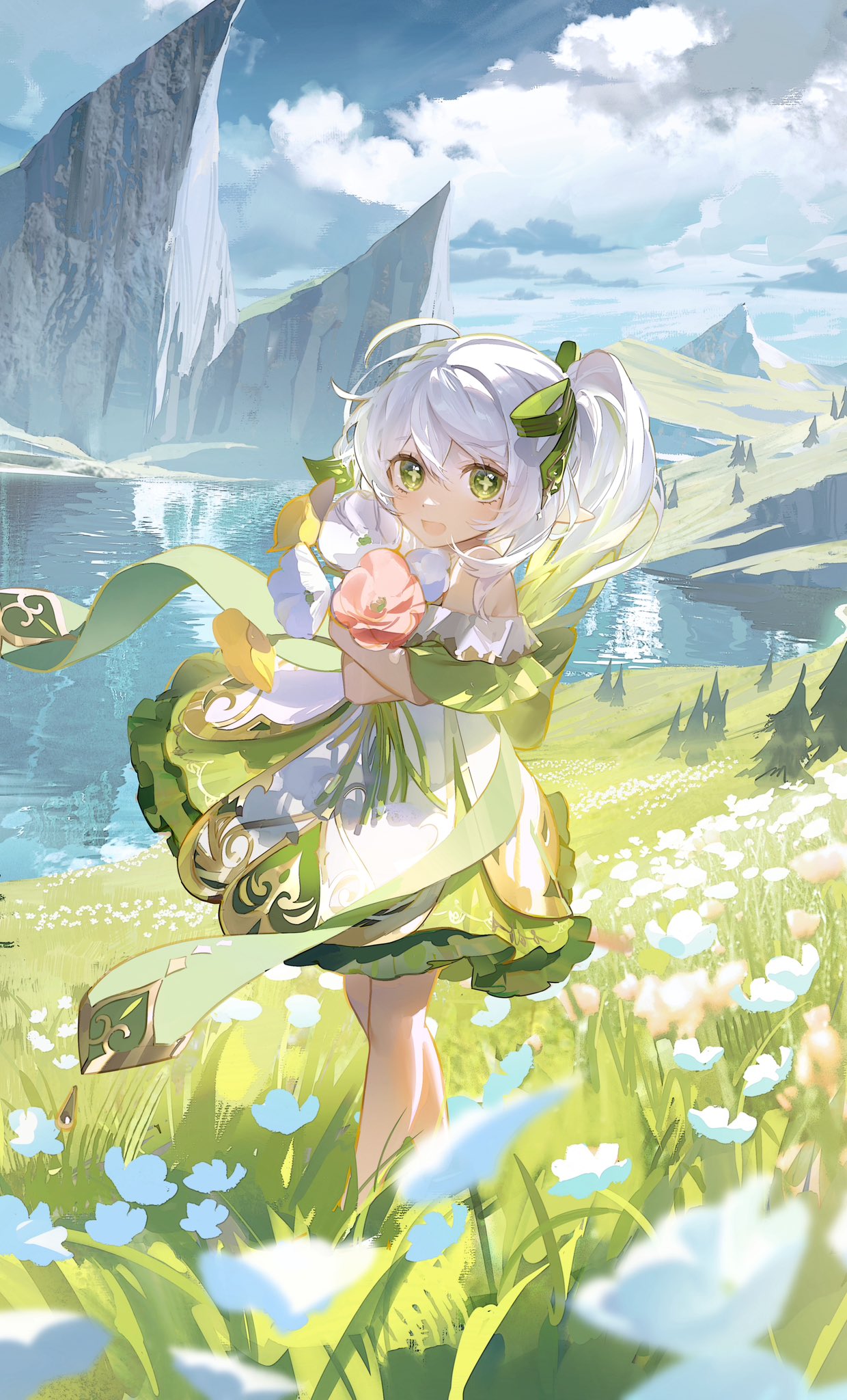 the image is a digital painting or illustration of a young animestyle girl. she has long white hair styled in a ponytail with a green bow, and large expressive green eyes. she's wearing a flowing green and white dress adorned with gold detailing.  the girl is holding a pink flower close to her chest. she's standing in a vibrant field of flowers, with a calm body of water and mountainous landscape in the background. the overall style is light, whimsical, and suggestive of a fantasy setting, potentially reminiscent of artwork from the game genshin impact. the color palette is bright and cheerful, emphasizing greens, whites, and light pinks. the scene conveys a sense of peace and tranquility.