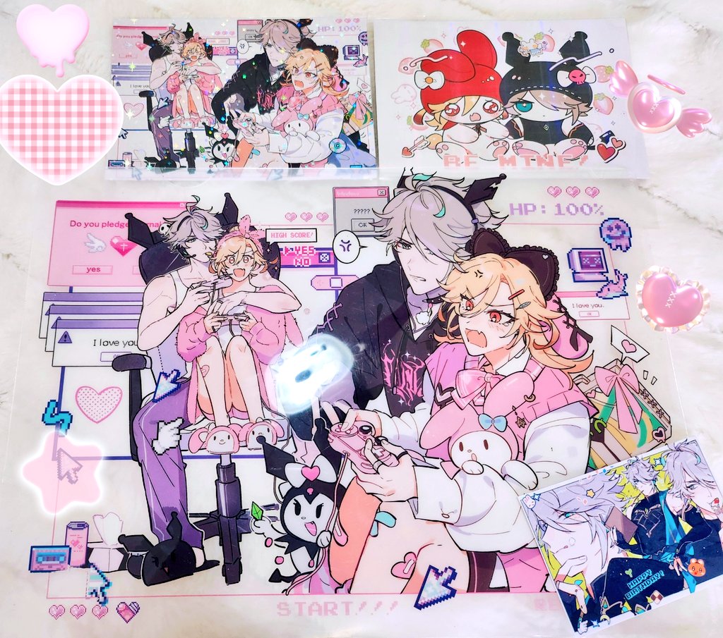 this is an image of a cute animestyle birthday card with a pink and white color scheme. it features several characters from the popular anime series "obey me."  the characters are shown playing a video game, and the scene is filled with hearts and other cute details. the card is also decorated with a happy birthday message.  the card appears to be a fanmade item and would likely be given to a friend or fan of the "obey me!" series.