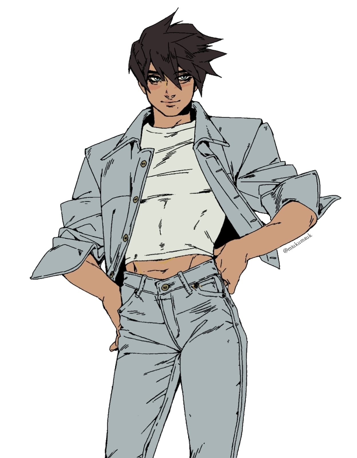 this is a digital illustration of an anime boy. he is standing with his hand on his hip, and he is wearing a light blue denim jacket and jeans. he is smiling and looking at the viewer, with his hair styled with a side part.