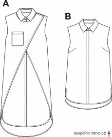 the image shows two sewing patterns labeled a and b for sleeveless shirt dresses. pattern a features a diagonal design element across the front and a pocket. pattern b is a simpler design with a straight front. both patterns have collars and a curved hemline.