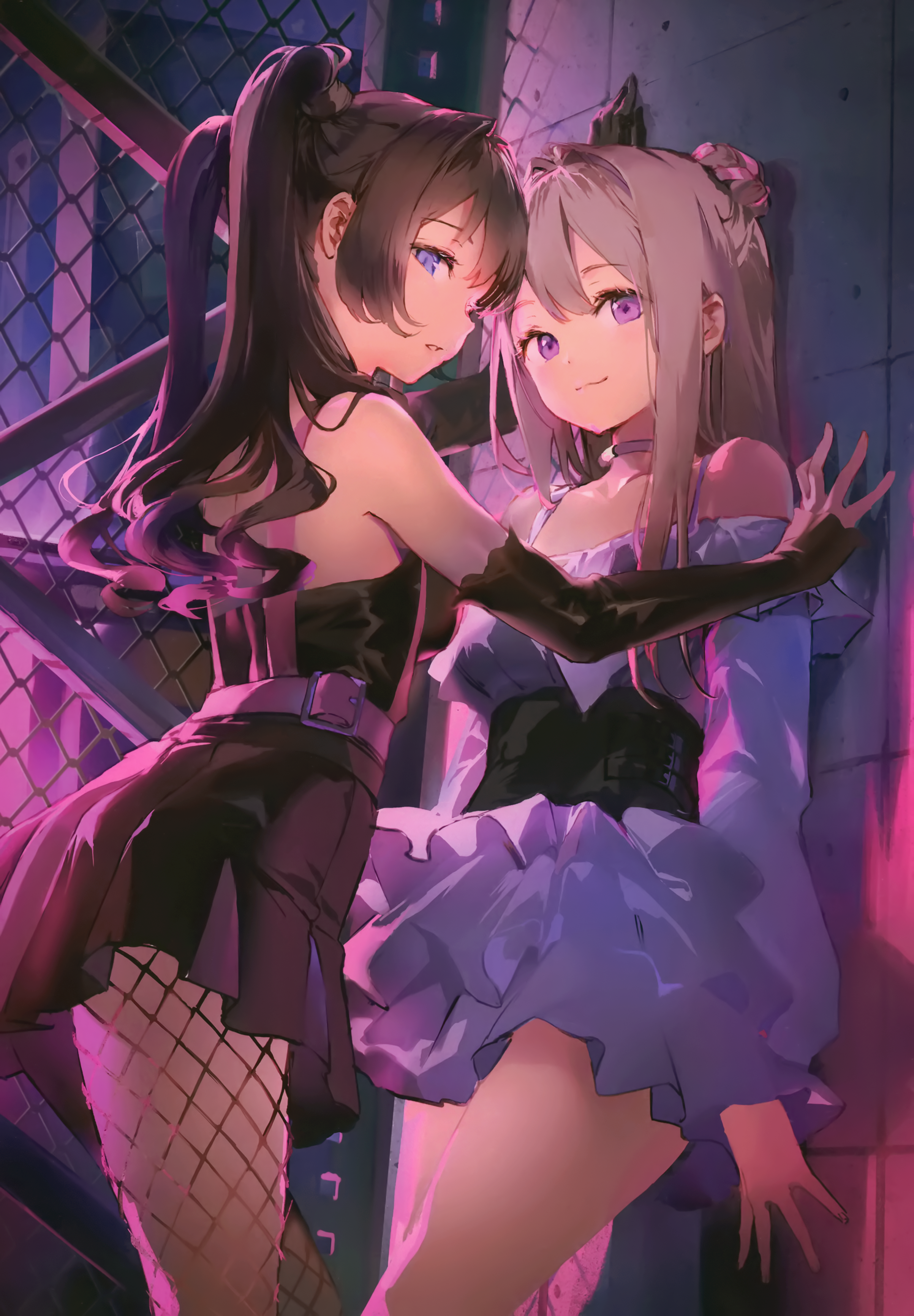 the image is a digital painting of two anime girls in a close embrace. one girl has long dark hair styled in a high ponytail, wearing a dark purple gothinspired outfit with fishnet stockings. the other has long light purple hair and is dressed in a more pastelcolored, frilly outfit. they are positioned against a backdrop of a chainlink fence and a building, with purple and pink lighting casting a dramatic atmosphere.  the girls' expressions are soft and tender, suggesting a close relationship, possibly romantic.  the style is dynamic, with flowing lines and vibrant colors creating a visually appealing piece.
