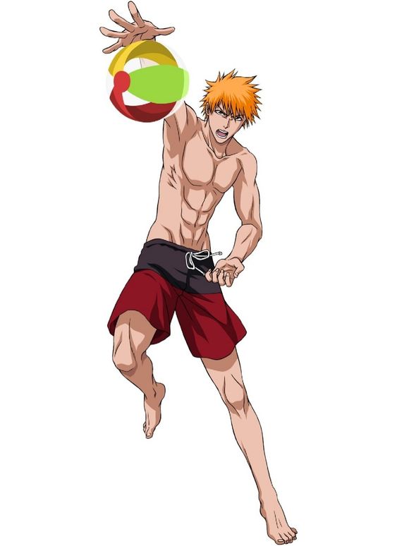 a digital drawing of a muscular shirtless anime character with orange hair wearing red and black shorts. he is holding a volleyball in front of him, and has a serious expression on his face.