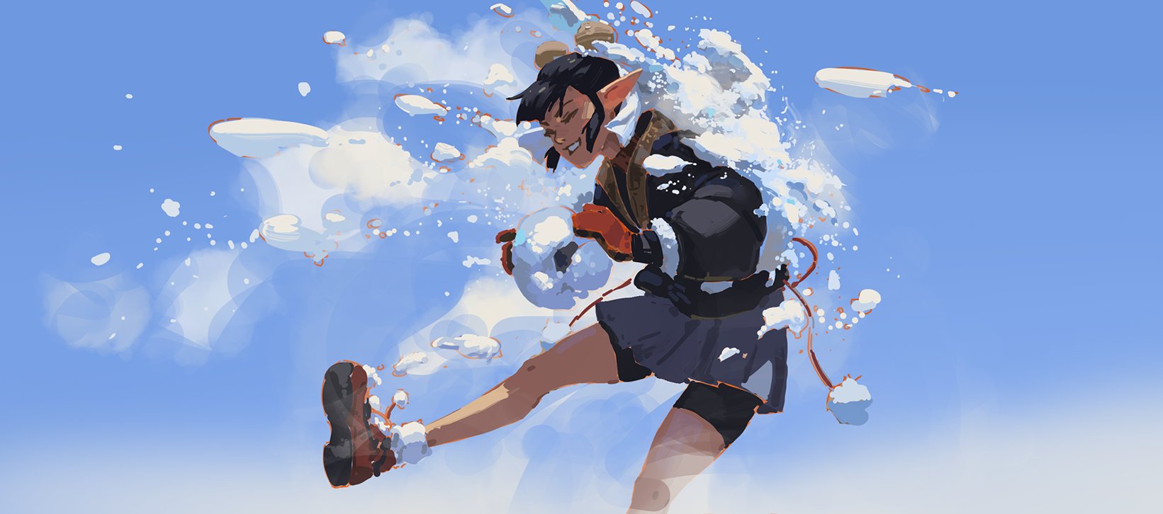 the digital painting showcases a stylized anime/mangaesque female elf character, possibly an elf girl,  joyfully participating in a snowball fight. she is depicted midaction, her leg extended in a kick as she holds a snowball.  the scene is set against a clear blue sky, with dynamic splashes of snow and white paint surrounding her, suggesting movement and energy. her clothing consists of a darkcolored jacket, a short navy blue skirt, and distinctive red gloves. the art style is painterly and expressive, with loose brushstrokes contributing to a whimsical and slightly abstract feel. the overall mood is cheerful and lighthearted.