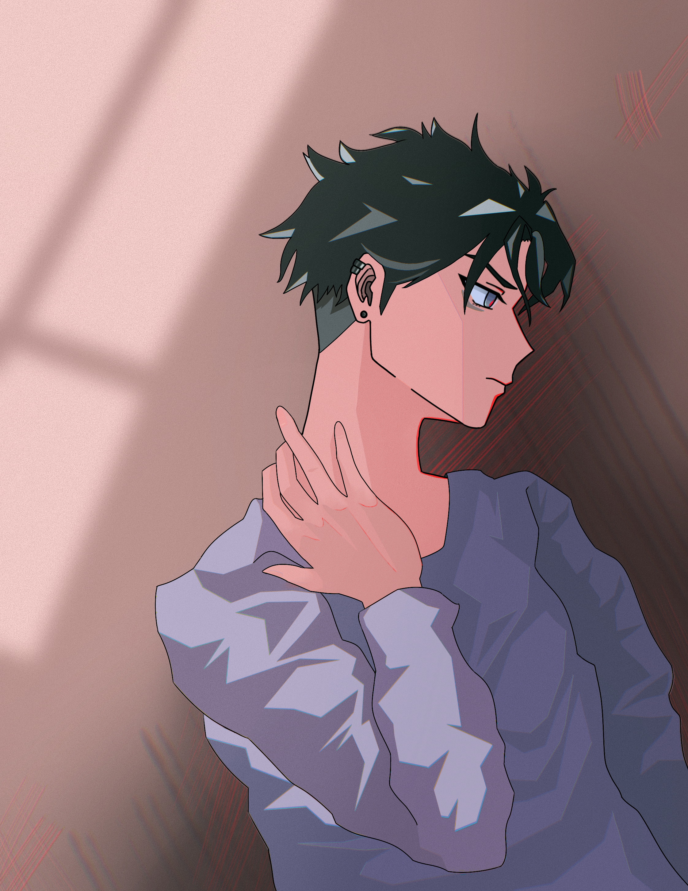 the image depicts a young man with styled black hair and piercing blue eyes in a contemplative pose. he is wearing a loosefitting purple shirt and is bathed in soft sunlight streaming through a window, casting long shadows across his face and the wall. the scene evokes a sense of introspection and perhaps a hint of melancholy. the man's expression is serious and thoughtful, his gaze directed away from the viewer.