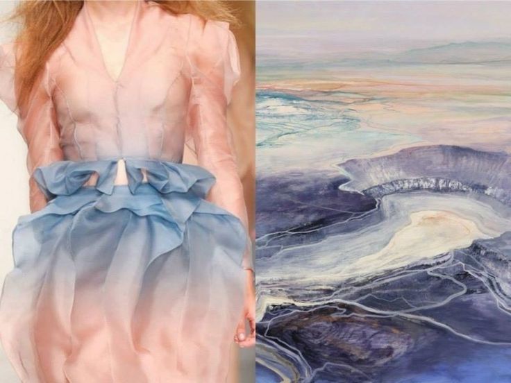 the image is a split image, with a model on the left side wearing a pink and blue ombre dress, and a abstract painting of a landscape on the right side. the dress is made of sheer fabric, with a ruffled skirt. the model's hair is long and flowing. the painting is a mix of blues, purples, and whites. it appears to be of a landscape with a river, valley, and mountains. both the model and the painting have a dreamy and ethereal feel, creating a visually stunning and artistic composition. the colors are soft and delicate, and the overall effect is romantic and whimsical.