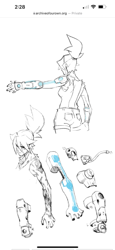 this is a collection of sketches of a female character with a prosthetic arm. the top left sketch depicts the full figure from the side, showcasing the robotic arm's design. the remaining sketches show detailed closeups of the arm from different angles, along with individual components and joints. the style is loose and expressive, characteristic of concept art.