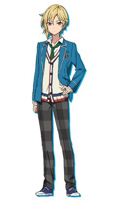 a young anime man with chinlength blonde hair and golden eyes is wearing a blue jacket and gray plaid pants. he is wearing a white shirt and green tie underneath the jacket. he is standing with his right hand in his pocket.