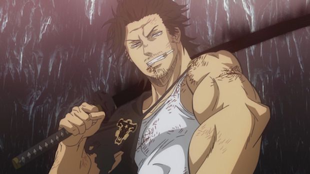 a muscular male anime character with dark skin and a beard is holding a sword, looking very serious and ready to fight. he has a dark magic symbol on his chest, possibly indicating his affiliation with the grim reaper. he seems to be an extremely powerful and confident warrior. the background is dark and blurred, with a texture that could be interpreted as rain or water.