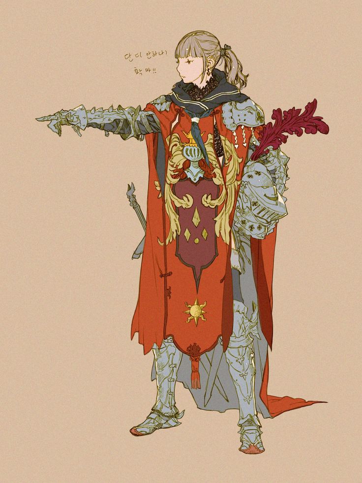 the image showcases a detailed illustration of a female animestyle knight. she is clad in light grey armor, adorned with intricate details, and a flowing red cloak bearing a large, ornate emblem featuring a sun.  the knight's hair is light brown, tied back in a ponytail. she points with her armored arm, and carries a dark red plant or flower.  the style is reminiscent of fantasy artwork, with a focus on both the character's design and the detailed rendering of her armor and clothing. korean text is visible in the upper left corner. the overall color palette is muted, with the red of the cloak providing a striking contrast.