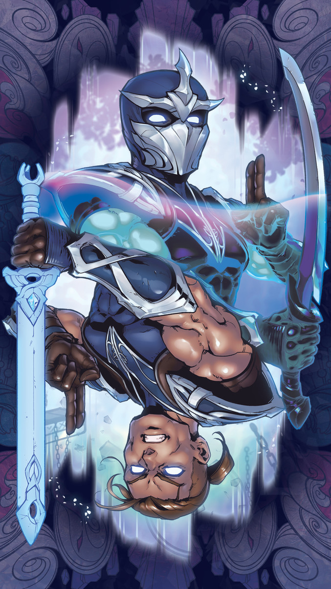 a fantasy illustration of a male warrior in a blue and silver armor with a sword and a dagger in his hand. he is posing in a dynamic, actionpacked pose, ready to attack. the background is a dark, atmospheric scene with a lot of purple and blue colors. the warrior is depicted in a comic book style, with exaggerated features and lines. the overall impression is one of power, strength, and action.