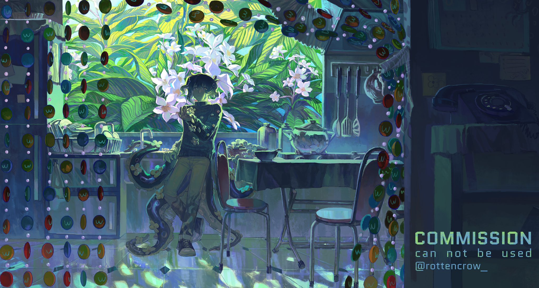 this image is a digital illustration of an anime girl in a casual outfit standing in a kitchen by a window. the window is covered in hanging beads of different colors, and the kitchen is filled with various objects, including flowers, a table with chairs, and a phone on a counter. the image is painted in a vibrant and detailed style, with a strong emphasis on light and shadow. the girl's expression is calm and relaxed, and she appears to be enjoying her time in the kitchen. the overall mood of the image is one of peace and serenity. the colors used in the image are bright and cheerful, but there is also a sense of mystery and intrigue. the image is wellcomposed and balanced, with a strong focus on the girl. the detail in the image is excellent, and the artwork is very well executed. the artist has successfully captured the essence of anime style in this image.