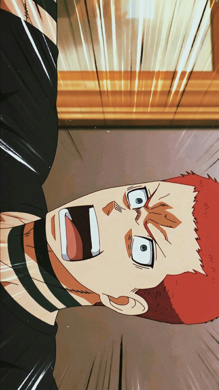 this image is a closeup of an anime character with red hair, a black shirt with white stripes, a surprised expression with wide eyes and an open mouth. the character is against a bright yellow and white background with lines and shadows radiating from them. the character's face is lit from below.