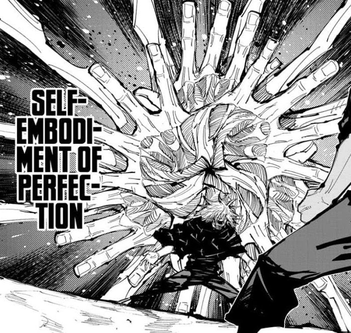 a black and white manga panel depicting an intense fight scene. the focus is on a swirling vortex of hands, radiating outwards with immense energy. the text "selfembodiment of perfection" highlights the power of the attack. two characters are visible, one launching the attack with a determined expression, and another bracing for impact. the dynamic perspective and highcontrast lighting heighten the action and power of the moment.