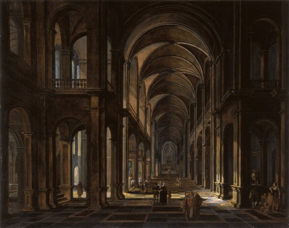 the image is a painting depicting the interior of a grand church or cathedral. the architecture features towering arches, columns, and vaulted ceilings that stretch into the distance, creating a strong sense of perspective. figures are scattered throughout the scene, some congregating near the front and others further back, adding to the sense of scale and activity. light and shadows play a significant role in the composition, highlighting certain architectural details and creating a dramatic atmosphere. the tiled floor adds to the overall sense of grandeur. the painting style resembles the baroque period.