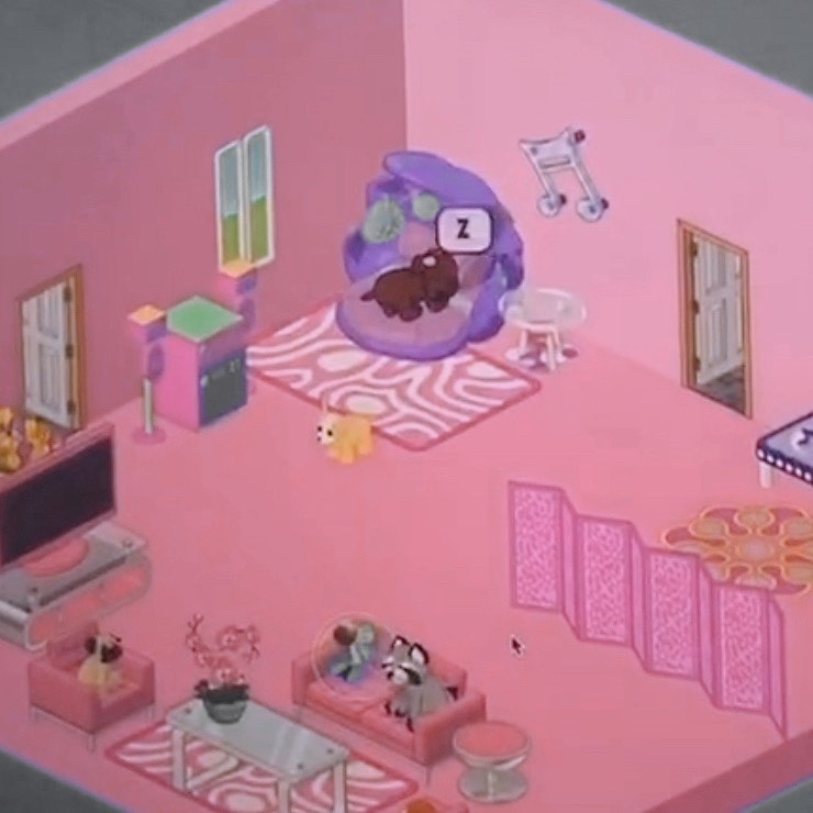 this is a digital image of a room. the room is pink with pink furniture. there is a pink tv and stand in the bottom left corner of the image. near the tv, there is a door that leads to another room. there is also a couch with two cartoon animals sitting on it. there is a coffee table in front of the couch with a vase of flowers on it. in the top right corner, there is another door leading to another room. in the top left corner, there is a purple shell bed with a cartoon animal sleeping in it.
