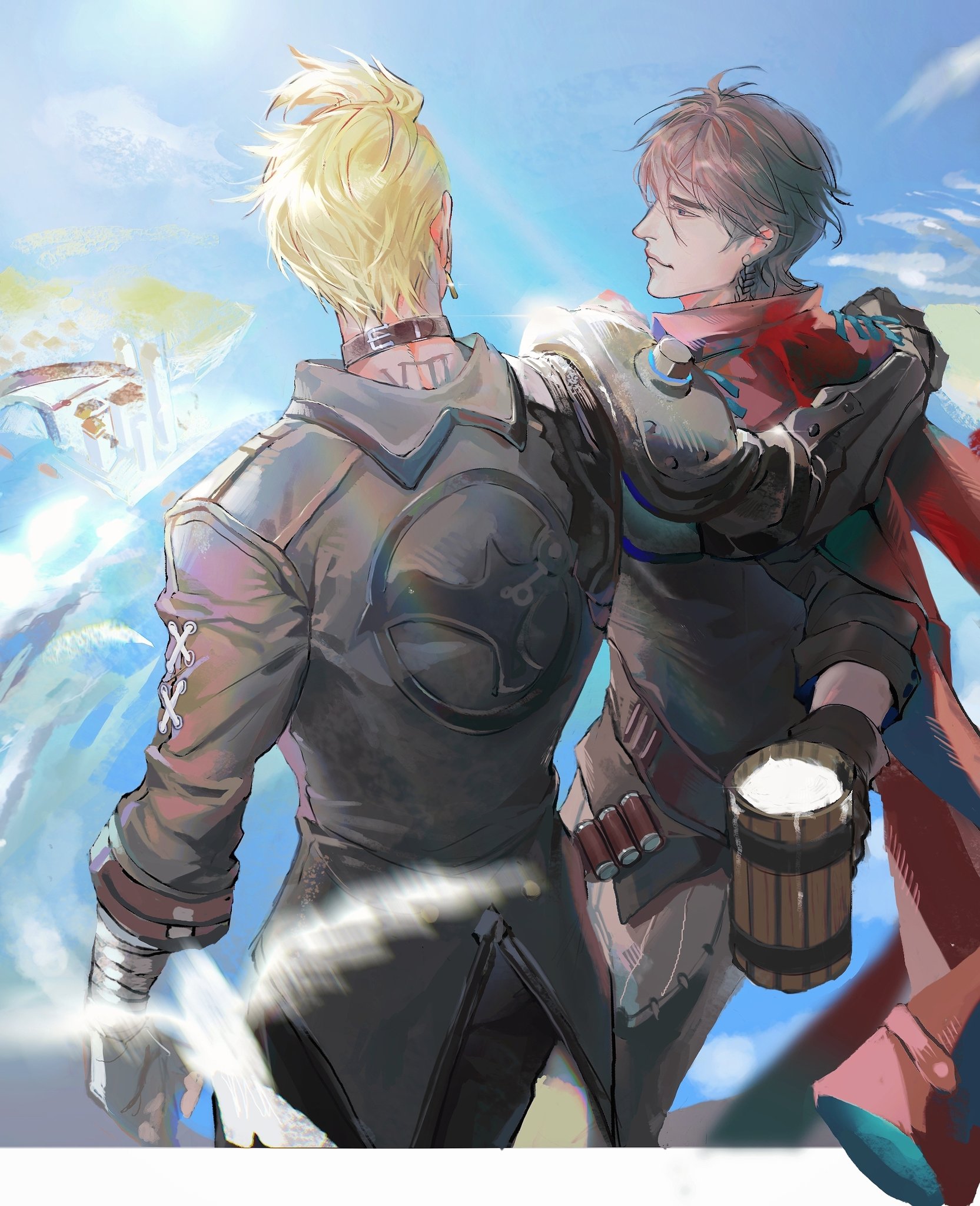 the image is a digital painting of two anime boys standing sidebyside on a rocky cliff. they are both looking away from the viewer, towards the ocean, which is to the left of the frame. there is a large, white seagull flying toward them in the foreground. the boy in the foreground is wearing a black and brown jacket and a red scarf, while the boy in the background is wearing a black and white leather jacket with a red and brown belt. the boy in the background is holding a wooden cup of milk. the sky behind them is bright blue, with white clouds. the sea is a light blue color, with white waves. the painting has a soft and dreamy feel, and the colors are muted and delicate.