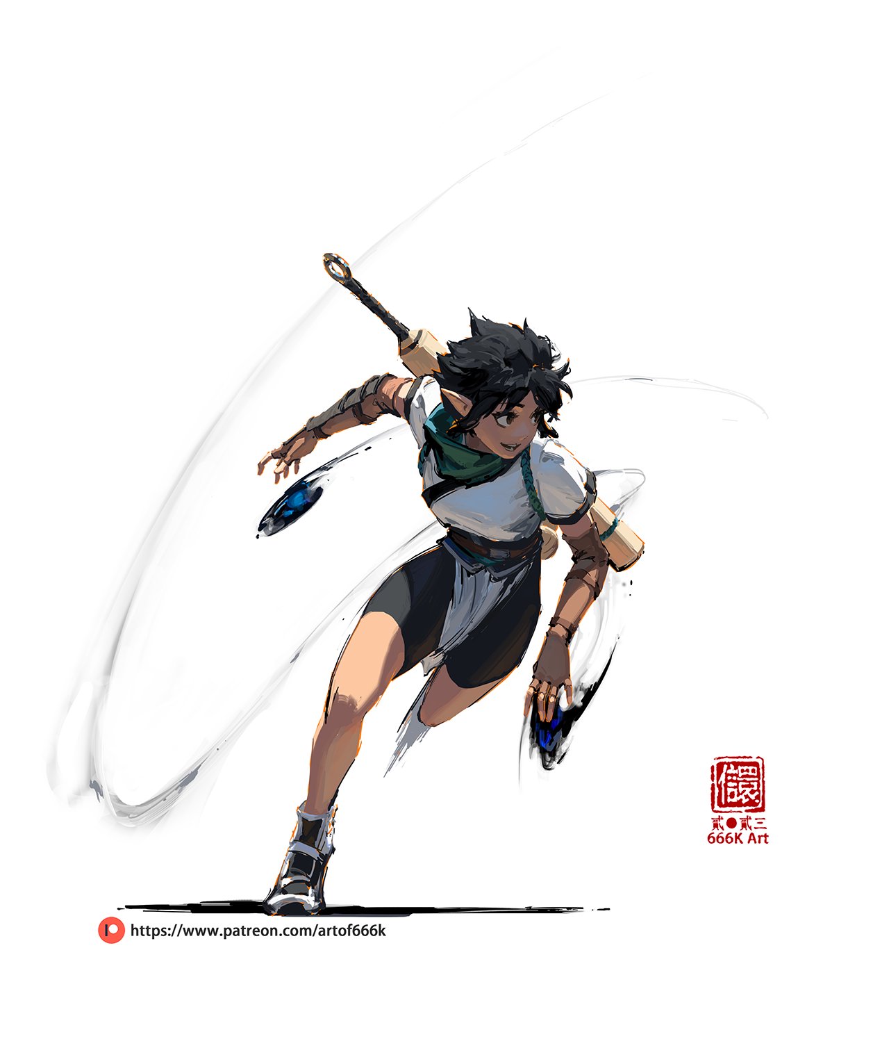 the image is a dynamic digital painting of a female fantasy warrior. she has short, dark brown hair, pointed ears, and is wearing a mix of white and teal clothing. she is running forward, wielding a stafflike weapon.  the style is animeinfluenced, with loose, expressive brush strokes creating a sense of motion and energy.  a motion blur effect trails behind her, enhancing the feeling of speed. the artwork includes the artist's signature and a patreon link.  the background is plain white, allowing the figure to stand out prominently.