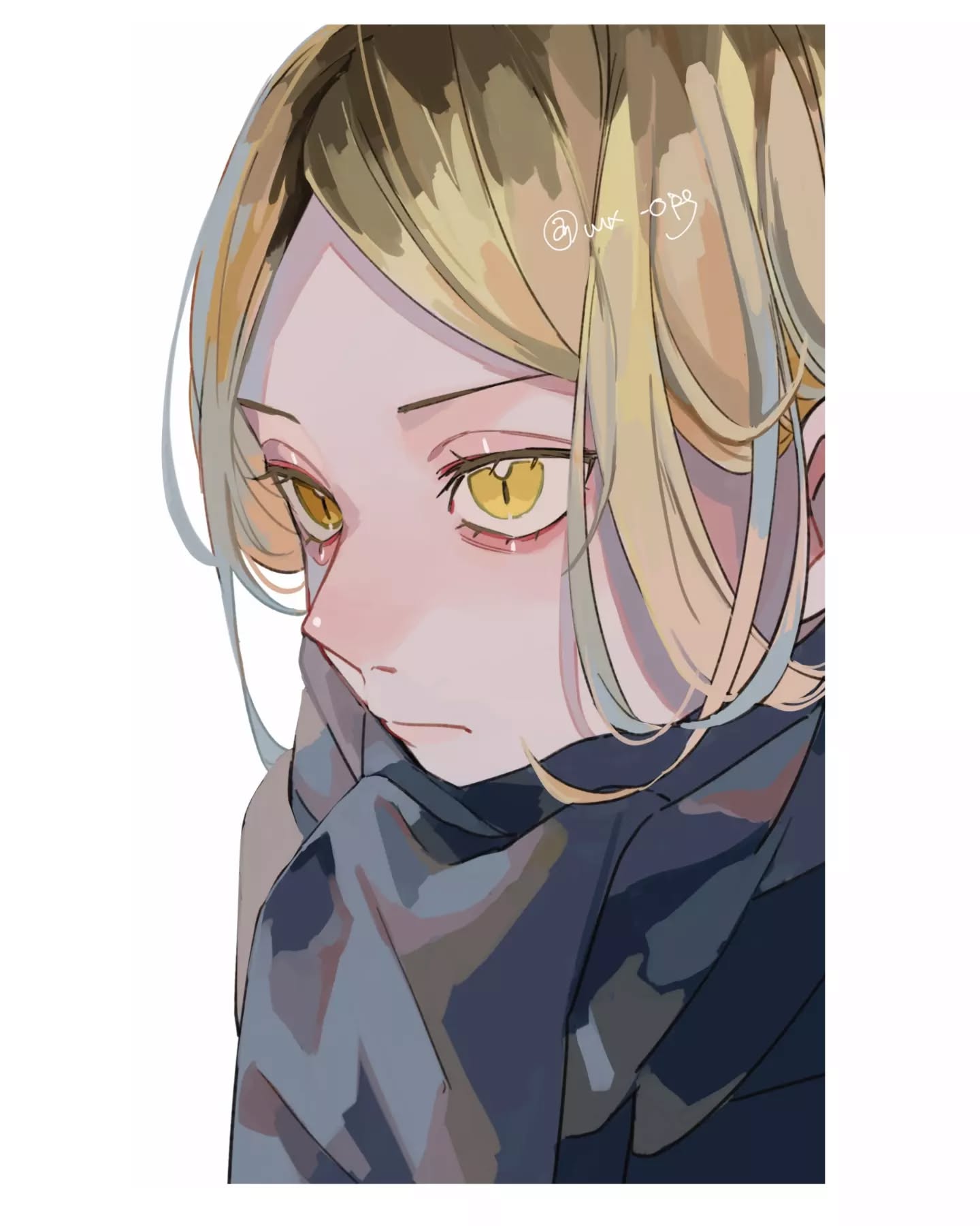 the image is a digital illustration of a young animestyle girl with long, blonde hair partially covering her face.  her eyes are a striking yellow, and she has a somewhat sad or pensive expression. she is wearing a dark grey or blue hooded jacket with a scarf pulled up around her neck. the art style is soft and slightly painterly, with a focus on muted pastel colors and subtle shading. the overall mood is melancholic and contemplative.