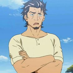 an anime character portrait of a tanskinned man with short black hair. he's wearing a loose, shortsleeved beige shirt and he's standing with his arms folded across his chest and his brow furrowed in annoyance. the background is a bright blue sky with a few white clouds.