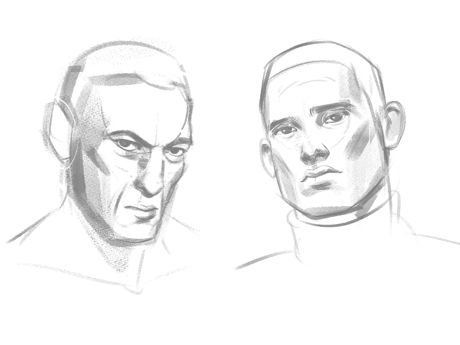 this is a pencil sketch of two men's portraits. both men are looking directly at the viewer with serious expressions on their faces. the man on the left is drawn in a side profile, while the man on the right is drawn in a front profile.  the sketch is done in a realistic style.  the man on the left has a more rugged look, while the man on the right looks more clean cut.  the artist captured their expressions and personalities well through their facial features.
