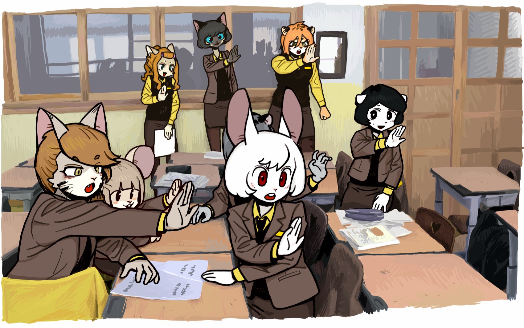 this image is a cartoon of an anime classroom. it features six students in a classroom. there is a cat, a rabbit, and a mouse student sitting at a table. the other students are all standing by the table or in the background of the classroom. the image is set in a school setting with the students wearing uniforms and sitting at desks with books in front of them.