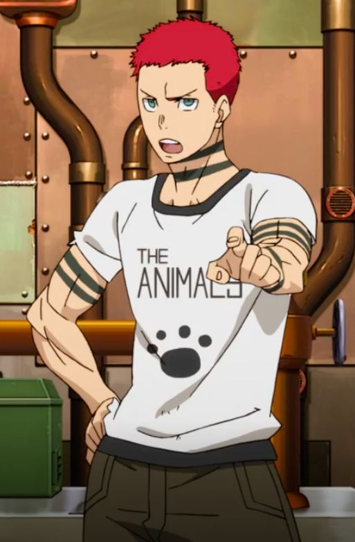 a redhaired anime boy with a white shirt that says "the animals" and a paw print on it, black tattoos, grey pants, and is pointing his finger towards the viewer. he is looking at the viewer. the image is set in a steampunk setting, with metal pipes and gears in the background.