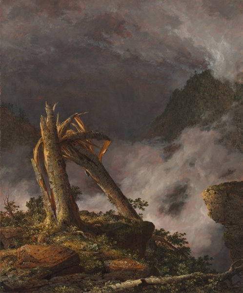 a landscape painting depicting a broken tree in the foreground, set against a stormy sky and mountainous backdrop. the painting evokes a sense of drama and the power of nature. the cliff and fog create a sense of scale and depth.