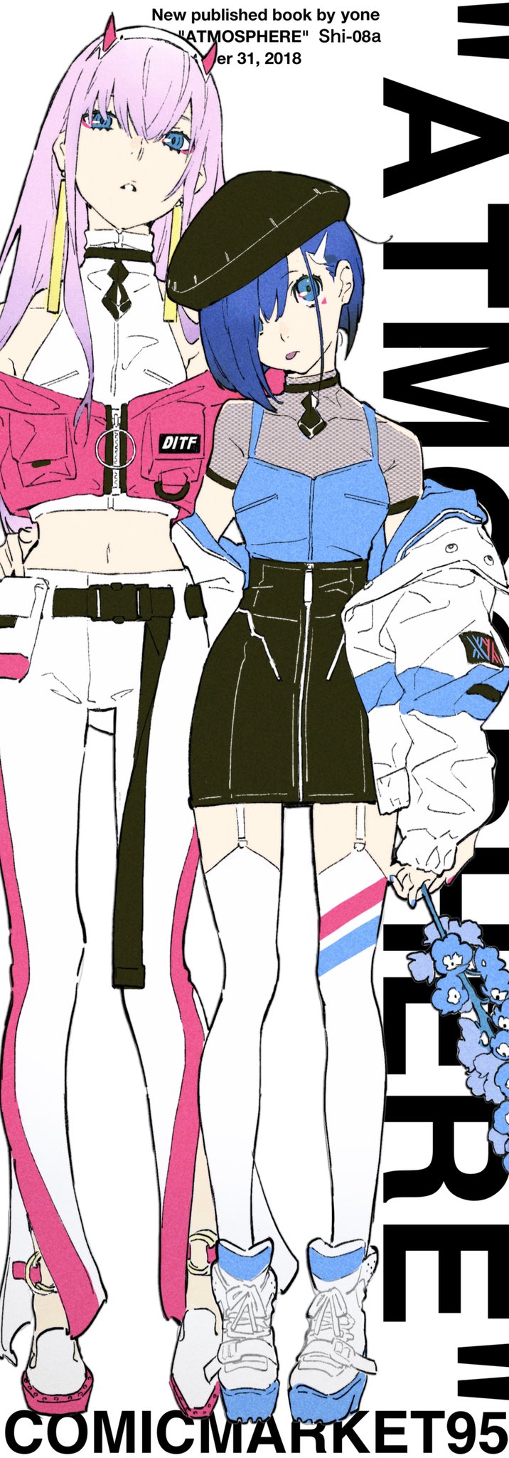 the image shows a promotional poster for a doujinshi (fanmade comic) featuring zero two and hiro from the anime darling in the franxx. they are drawn in a stylish, streetwearinspired fashion. the poster announces the book's release at comic market 95.