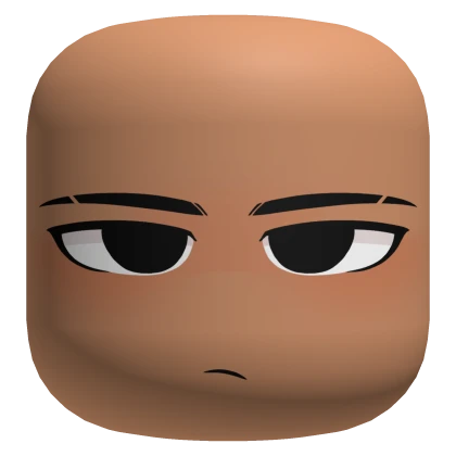 a closeup of a roblox avatar head with a dark skin tone and an angry expression. the avatar has black eyes and eyebrows, and a curved line for the mouth.