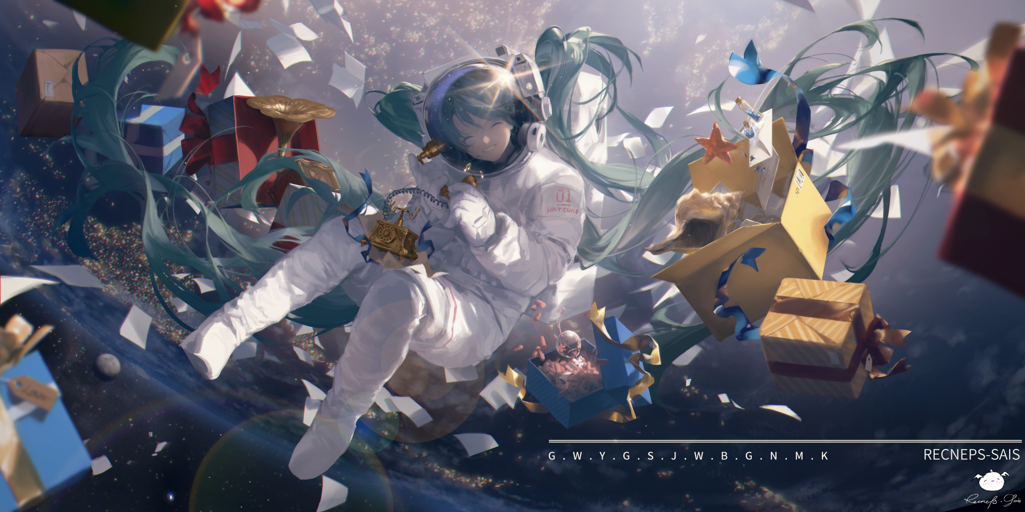 the image is a digital painting or illustration depicting hatsune miku, a popular vocaloid character, dressed in an astronaut suit and floating in space amidst a flurry of gifts and papers.  she has long, flowing teal hair, and appears serene as she holds a vintage telephone. the background includes a view of earth and the vastness of space.  the overall style is dreamy and fantastical, blending elements of anime, scifi, and a whimsical presentation of gifts. the scene is rich with detail and color, with a soft, atmospheric lighting effect.  the artist's signature is visible in the bottom right corner.