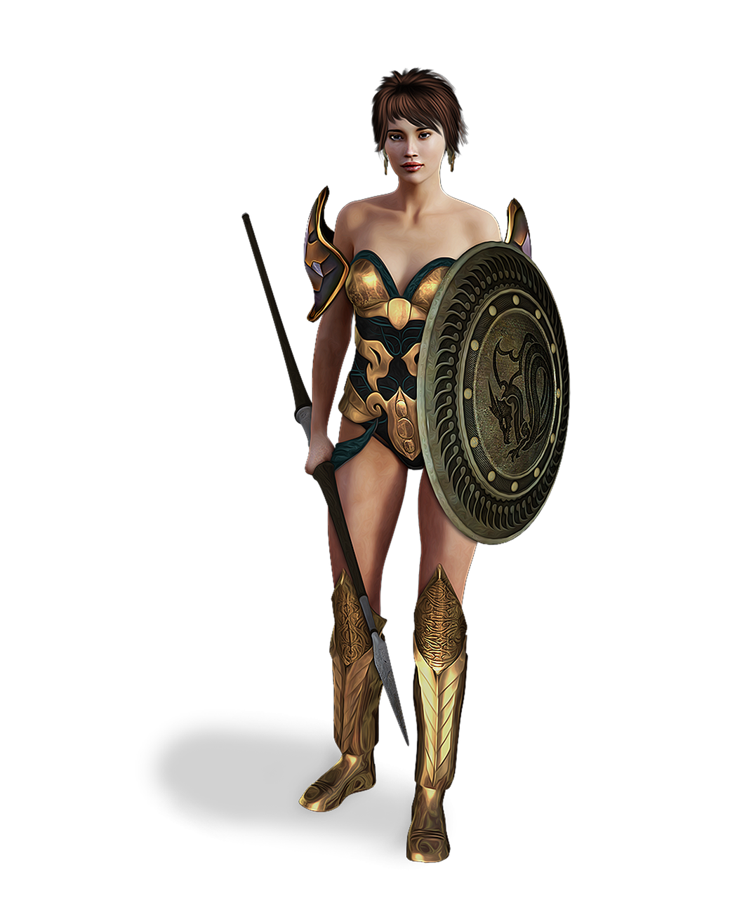 an illustration of a woman warrior, posed against a black background. she is wearing armor consisting of a short dress, shoulder pads, and kneehigh boots, all detailed with gold accents. she holds a spear in one hand and carries a shield in the other. the shield is circular and adorned with an emblem, possibly a dragon. the overall style is reminiscent of fantasy or medieval art.