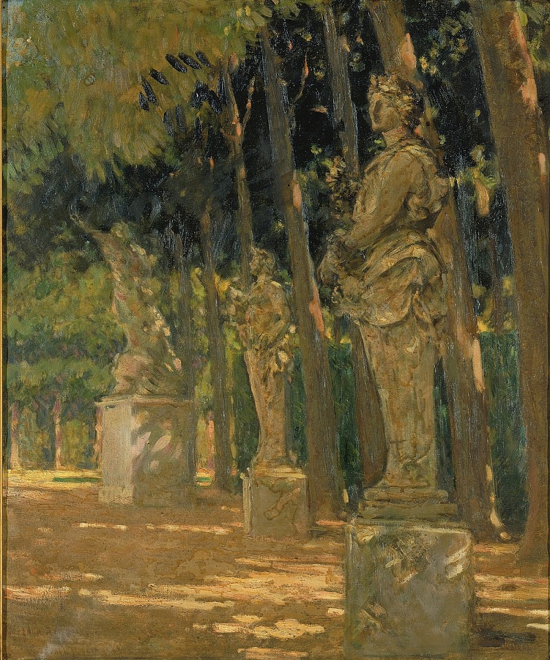 the image is a painting depicting a park or garden scene. there are several stone statues lined up along a walkway, with trees behind them. sunlight filters through the trees, creating shadows on the ground and the statues. the overall impression is one of a peaceful, european garden setting.