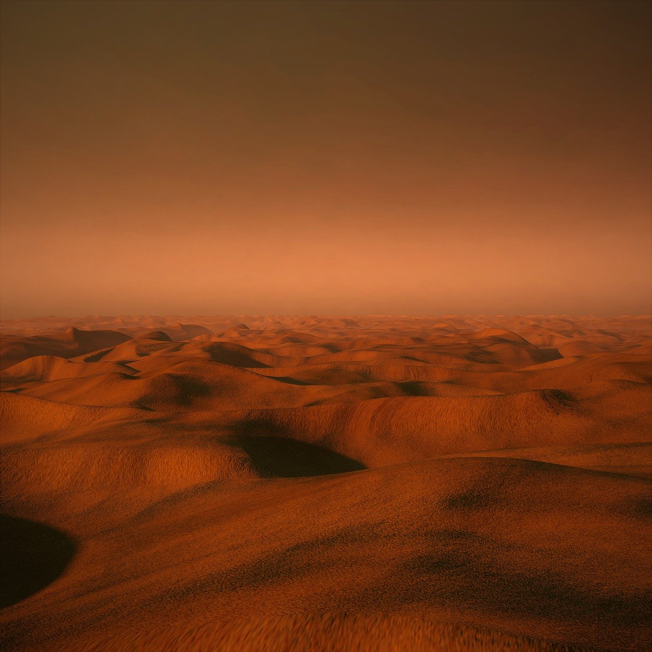 the image shows a vast, arid desert landscape with rolling sand dunes stretching to the horizon under an orangebrown sky. the scene is reminiscent of the surface of mars, with its distinctive red planet coloration and barren terrain.