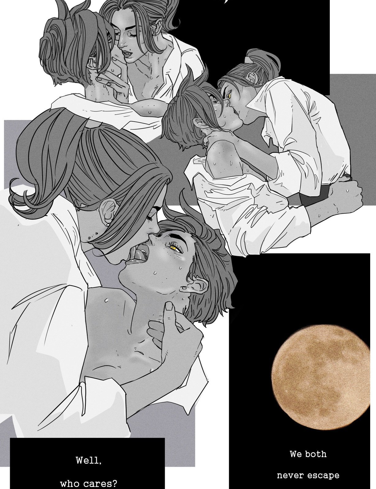 the image depicts a mangastyle illustration showing two characters kissing in several different snapshots. the overall tones are gray and black, but a full moon is placed in the bottom right and gives off a tanyellow tint. the characters are wearing white shirts, and are placed in different kissing positions. there are also speech bubbles at the bottom of the image.