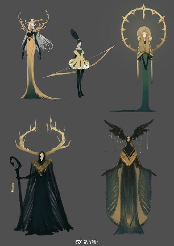 this digital illustration showcases four fantasy character designs. each character is unique and visually intriguing, with distinct features and garments. the first character on the left is a female with a long, flowing robe adorned with gold accents. her head is adorned with antlers and she has long white hair.the second character is a female with a shorter, green dress, adorned with gold accents. she holds a bow and arrow, and her head is adorned with a crown. the third character is a female with long flowing green robe, adorned with gold accents. she has long hair, and her head is adorned with a circular halo.the fourth character is a figure with a long black robe adorned with gold accents and a head adorned with antlers. the figure holds a staff in its hand and it's wearing a mask. the characters are presented against a grey background, emphasizing their visual details and highlighting the creative choices made by the artist.
