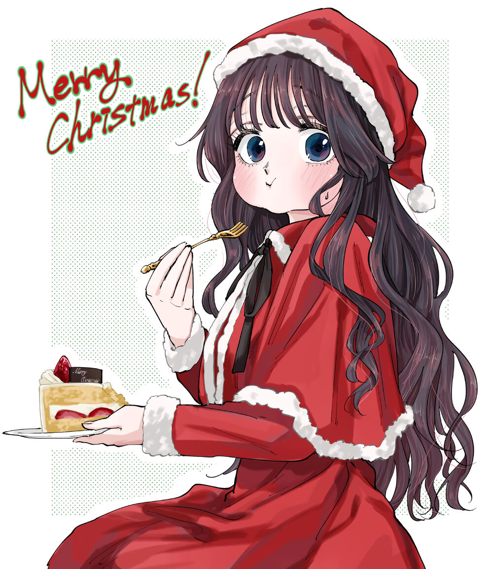 the image is an animestyle illustration of a cute girl dressed in a red christmas outfit, complete with a santa hat and a fluffy white trim. she has long dark hair and is happily eating a piece of strawberry shortcake.  the background is a light green with a dotted texture and the words "merry christmas!" are written in a stylized font. the overall style is soft and charming, perfect for a holiday greeting card or social media post.