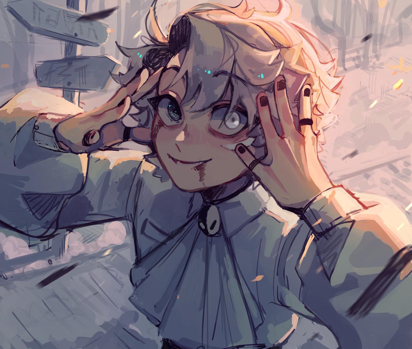 the image is a digital drawing of an animestyle boy with pale skin and white hair. he has striking blue eyes and appears to have some blood or injury on his face.  he's wearing a lightcolored collared shirt with a ruffled collar and darkcolored accessories.  his expression is ambiguous, perhaps a mix of pain and a hint of unsettling amusement. his hands are positioned near his face, seemingly framing it. the background suggests a mysterious forest path with weathered signposts. the overall style is painterly and slightly rough, contributing to a somewhat unsettling yet captivating atmosphere.