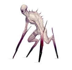 this is a digital drawing of a very pale and slender monster with long, sharp limbs and spiky bones poking out. it's very creepy and skeletal looking. the monster appears to have a thin layer of skin that's peeling off. it's walking with a long stride, looking up, as if it's searching for something.