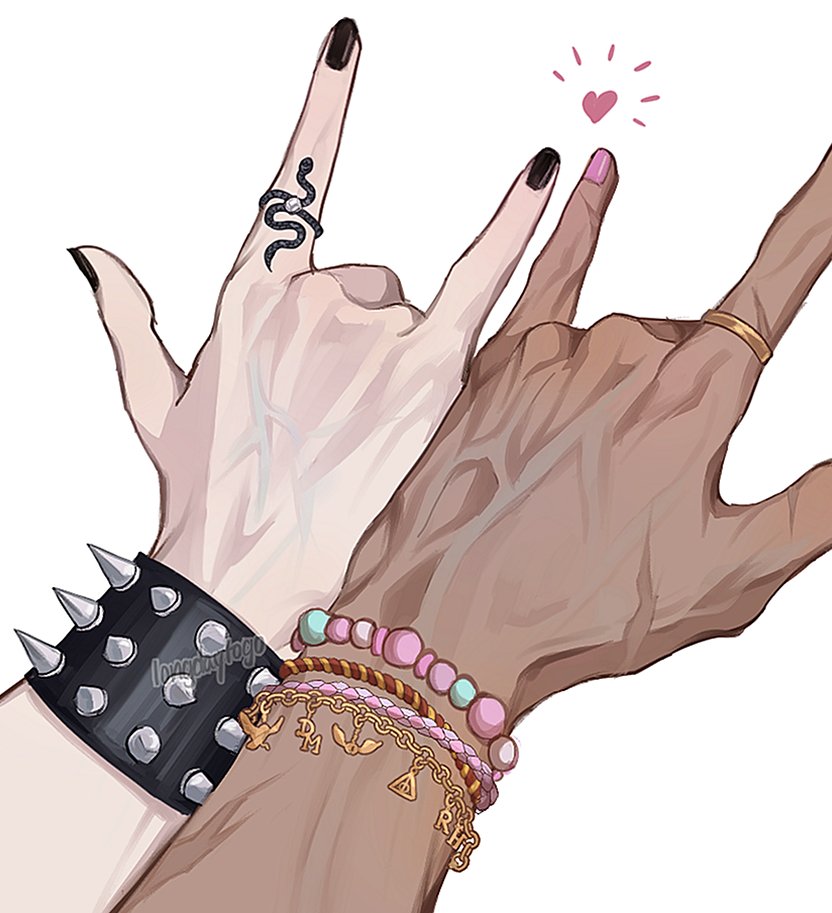 the image is a stylized digital drawing or illustration showcasing two hands intertwined in a "rock on" hand gesture. one hand is paler with darker nail polish and a black snake ring, adorned with a spiked black bracelet. the other hand has a darker skin tone and is decorated with multiple pastelcolored beaded bracelets and a gold ring.  a small pink heart is drawn above the hands. the style is reminiscent of anime or manga, with soft shading and attention to detail in the jewelry and skin texture. the overall feel is romantic and aesthetically pleasing, possibly depicting a couple.