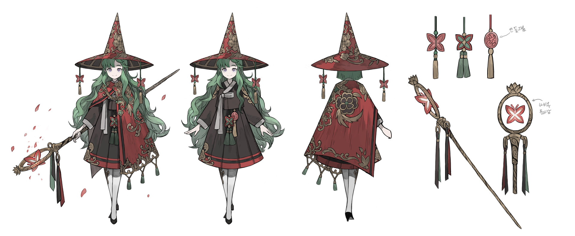 a character design sheet depicting a young woman dressed as a witch in a hanbokinspired outfit. she has long green hair, pale skin, and is holding a magic staff. the character is shown from the front, back, and threequarter view, with details of her outfit and accessories also illustrated. the design incorporates elements of korean traditional clothing and fantasy, creating a unique and visually striking concept.